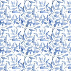 Pattern of blue eucalyptus smilax branches on a white background. Can be used on fabrics and paper products. Watercolor hand-drawn illustration