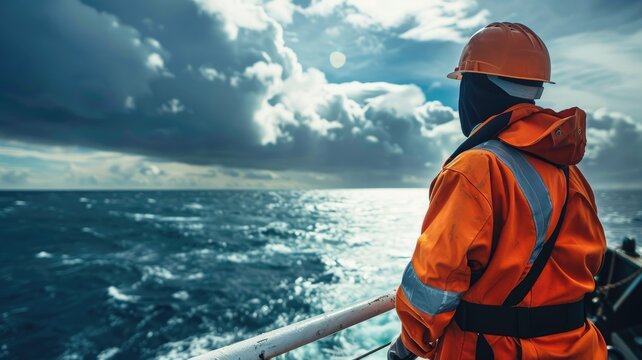 Worker in orange safety gear on ship looking at ocean under cloudy skies