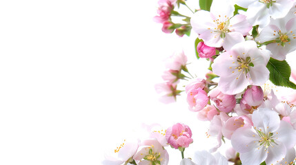 Fototapeta premium Spring flowers Apple branch on white background Card with copy space Nature border : Generative AI