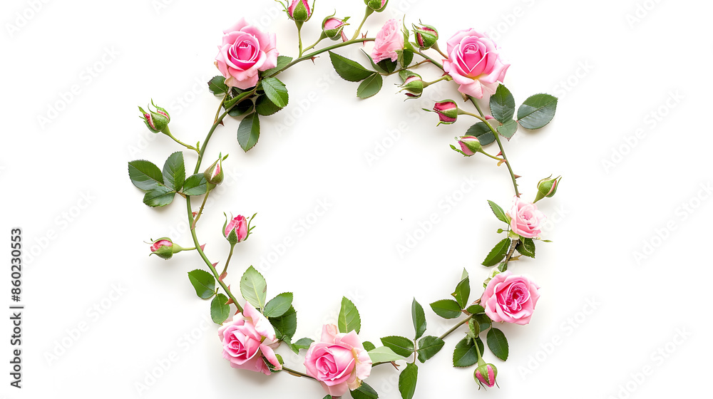 Poster round frame wreath pattern with roses pink flower buds branches and leaves isolated on white background flat lay top view : Generative AI