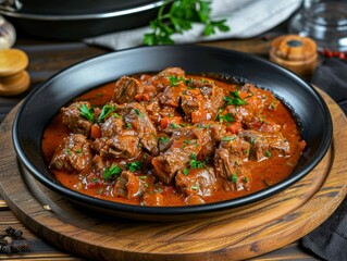 Fototapeta premium Hearty Beef Goulash on Wooden Table Setting Generative AI