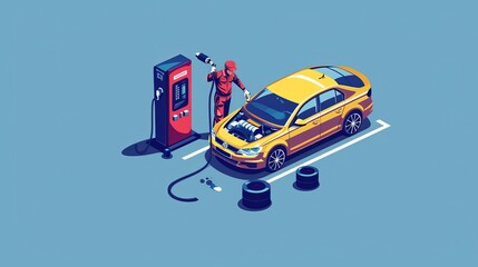 A man is working on a car at a gas station