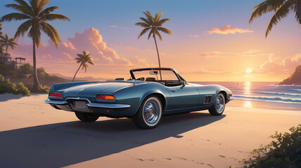 A sleek cartoon style convertible car parked by the beach, top down, with the ocean and sunset in the background. 