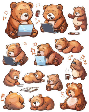 PNG of Cute bear sticker pack, various expressions and poses of the cute character in different life scenes such as making phone call , having coffee, shopping online with laptop or doing yoga, knolli