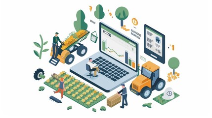 Obraz premium The scene includes a tractor, a man with a backpack, and a man with a shovel