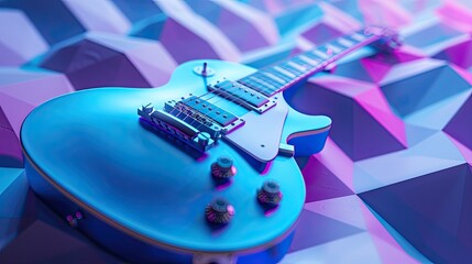 A trendy blue guitar against a dynamic geometric blue and purple backdrop