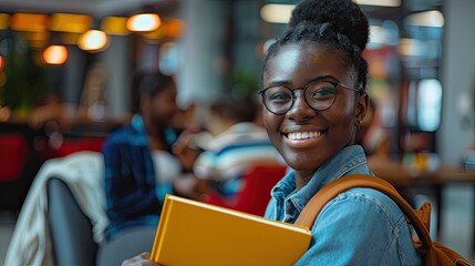 Obraz premium African american office workers are smiling brightly in a spacious lounge area inside an educational institution