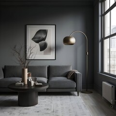 A dark grey interior living room, muted, earthy tones.