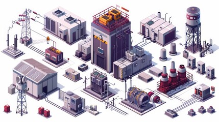 A collection of buildings and objects, including a water tower, a power station