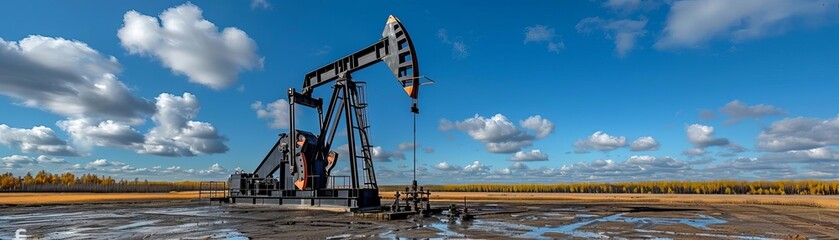 A black oil pumpjack slowly extracts crude oil from the ground on a sunny day A clear blue sky with fluffy white clouds stretches out in the background