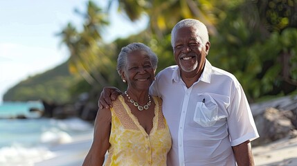Joyful elderly black couple walking on a beach