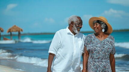 Joyful elderly black couple walking on a beach