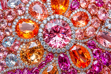 Colorful gemstones background, pink red orange