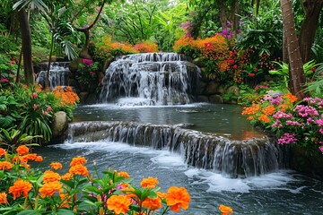 Naklejka premium Beautiful Paradise Land with Flower and Waterfall created with Generative AI