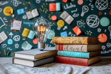 Creative education concept with books and lightbulb Colorful doodles around symbolize learning and knowledge on a white background