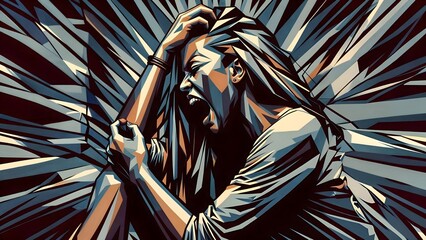 An abstract image of a screaming woman with hands on her head