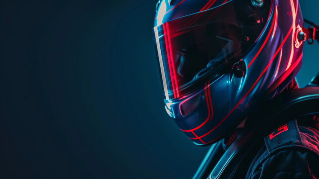a close-up of a person wearing a black racing suit and a blue and red helmet.