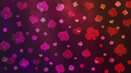 Bokeh pink pattern of playing cards symbols.