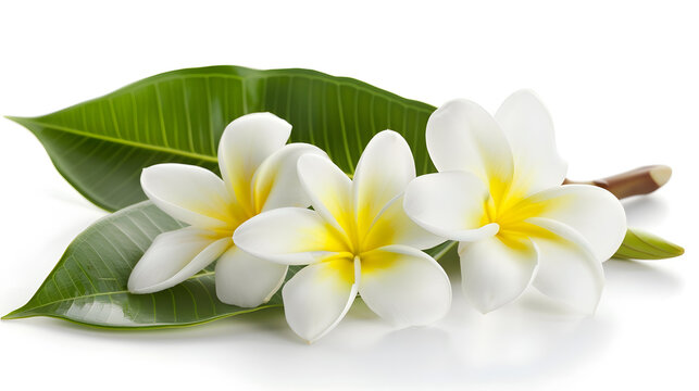 Frangipani flowers with leaves isolated on white : Generative AI