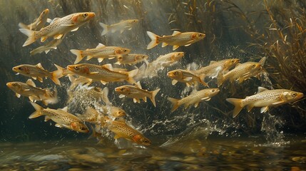 Fototapeta premium School of Fish Swimming Through Underwater Vegetation in a River 