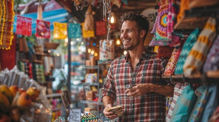 Obraz premium Small business owner decorating store with colorful banners, arranging merchandise on shelves, and preparing for grand opening in a vibrant downtown area