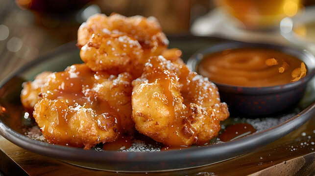 A vibrant platter of apple fritters with a side of caramel sauce
