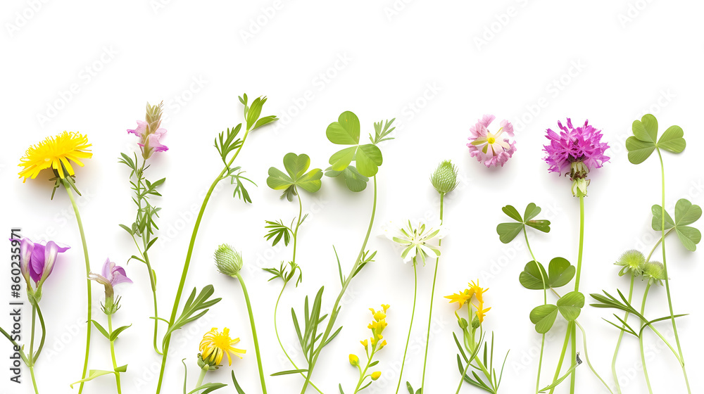 Poster meadow wild flower creative layout daisy dandelion violet viola buttercup clover flowers grass isola