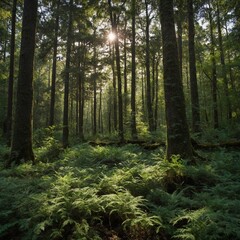 Obraz premium Sunlight filters through dense canopy of tall trees in lush forest. Forest floor covered with vibrant green ferns, moss, creating carpet-like appearance. Trees stand tall, straight.