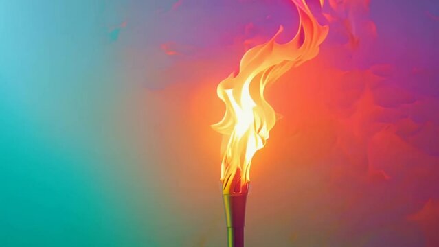 Vibrant torch flame burns against gradient rainbow background. Summer Olympic game fire symbol concept. Vivid colors. Inspiration, hope, and passion. Emblem of sport competition.