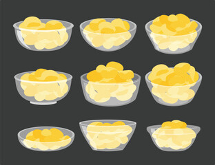 Set of glass bowl with crispy potato chips, vector crunchy wavy snack pieces in transparent dishes, Potato chips in ceramic clay bowl for fast food menu. Fried slices potato for packaging design. 