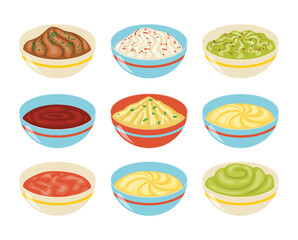 Set of various dipping sauce in bowl collection with ketchup bbq, hot chili, mayonnaise, mustard and wasabi, fast food dressing, ceramic saucers different sauces and spices isolated white background.