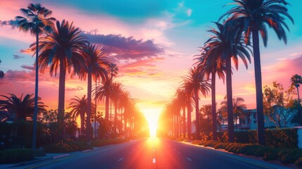 Beverly Hills street with palm trees at sunset, Los Angels