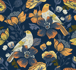 Seamless pattern for textile or wallpaper with flowers, leaves and birds. Full color print.	