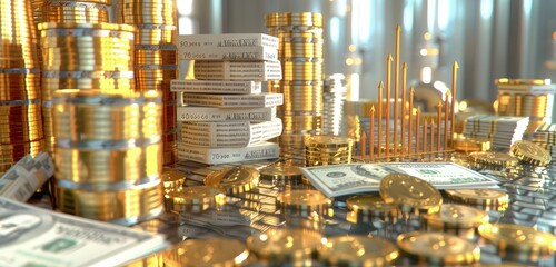 A captivating 3D rendering of an investment growth concept, featuring stacks of money, gold coins, and rising graphs, symbolizing financial success.