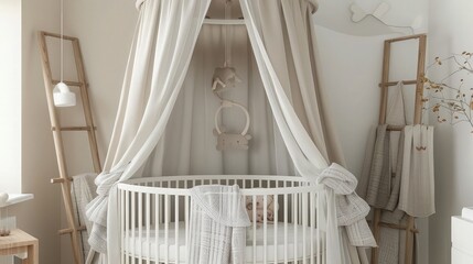 A beautiful round baby crib features a sheer, voluminous canopy set against a light neutral wall with decorative wooden ladders flanking the centerpiece.