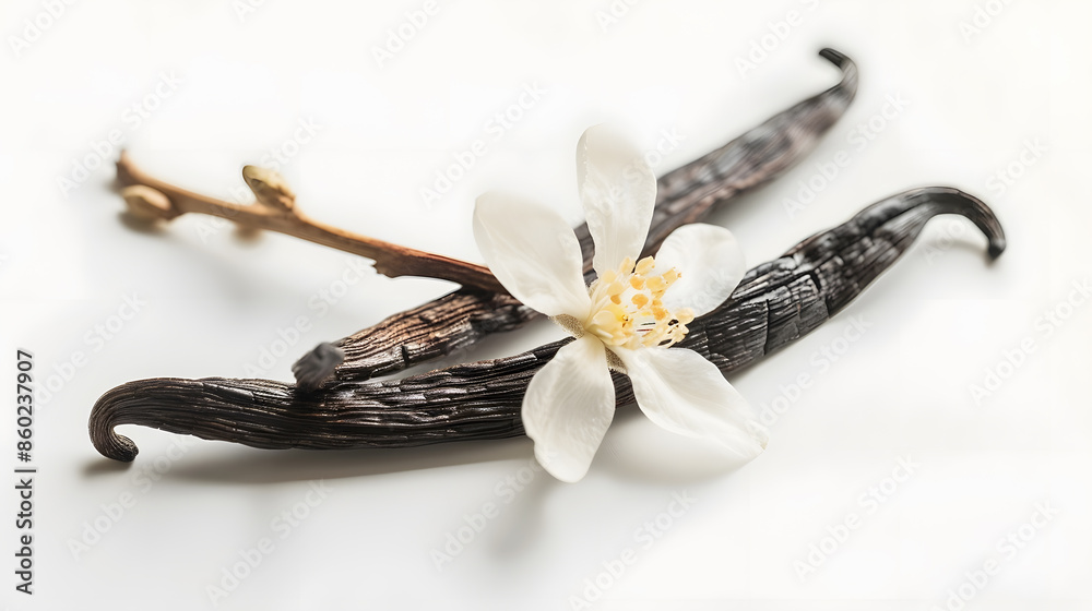 Poster vanilla pods isolated dried vanilla sticks and vanilla flower on white background aromatic ingredien