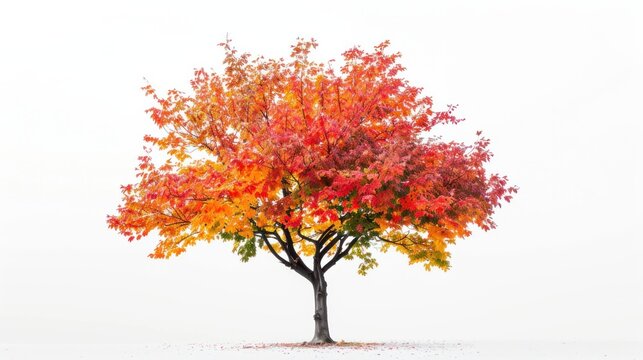 A maple tree ablaze with autumn colors, its leaves a fiery blend of red, orange, and yellow,