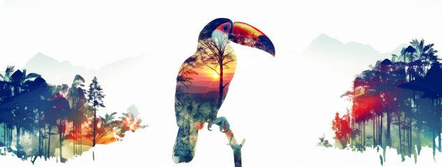Double exposure of Wild toucan bird living in nature represents the environment Among greenery, ecology, conservation, climate change, global warming, and natural fog in the ecosystem. illustration  