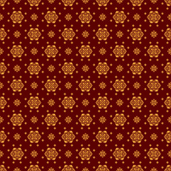 Seamless modern thai art pattern. Large and small golden circle flowers. Red background. Vector illustration.