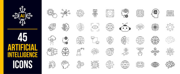 Artificial intelligence icon set in line style. Containing machine learning, data science, AI, virtual assistant, generative AI, technology, Turing test and more. Line vector icons collection.