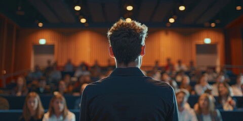 A speaker stands confidently on stage, microphone in hand, addressing a seated audience. The setting suggests a moment of engagement and communication in a public speaking event or presentation.