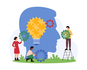 Innovation business solution, brainstorm progress on creative idea, insight. Tiny people holding gears at silhouette of entrepreneurs head with puzzle light bulb inside cartoon vector illustration