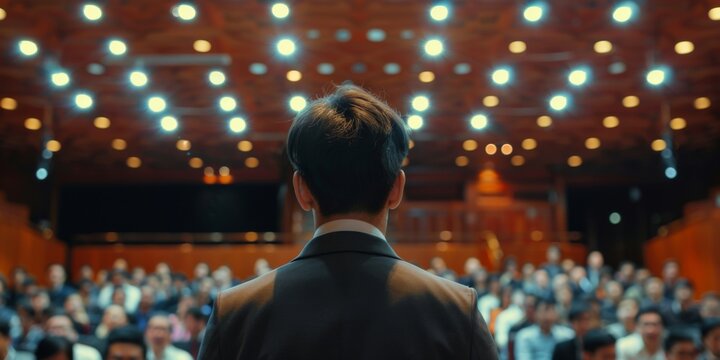 A speaker stands confidently on stage, microphone in hand, addressing a seated audience. The setting suggests a moment of engagement and communication in a public speaking event or presentation.