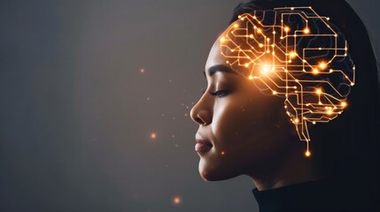 Obraz premium Profile of a person with a digital brain interface, symbolizing artificial intelligence, technology, and innovation.