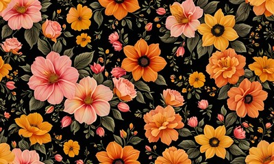 Wallpaper representing a floral pattern in pink, orange, yellow colors. Decorative and coherent scene