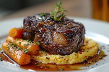 A beautifully plated dish of braised lamb shank, served with a side of creamy polenta and roasted carrots. 