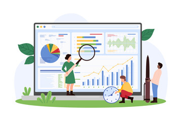 Online data analysis, management with software. Tiny people with magnifying glass monitor charts of financial and marketing statistics or science research on laptop screen cartoon vector illustration