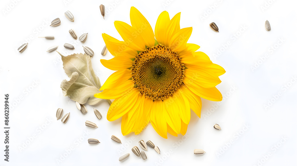 Wall mural Flower of sunflower isolated on white background Seeds and oil Flat lay top view : Generative AI