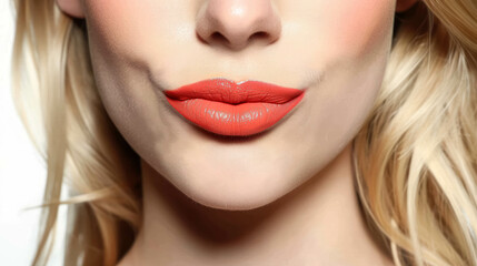 Fototapeta premium Close Up View Of A Mouth Of A Blonde Woman With A Copper Orange Lipstick, Cosmetic And Fashion Background