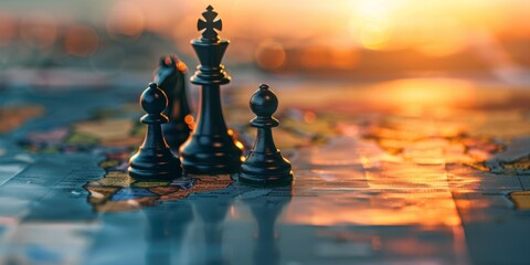Chess pieces strategically positioned on a world map banner symbolizing global economic strategy